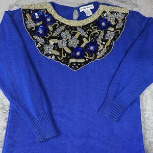 VTG Victoria Harbour Sweater Tunic Shirt Women's Size M Royal Blue Beaded Sequin